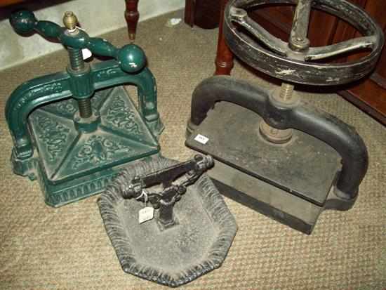 Appraisal: TWO LATE VICTORIAN CAST IRON BOOK PRESSES AND BOOT SCRAPER