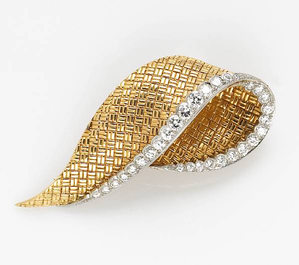 Appraisal: A diamond platinum and eighteen karat gold woven brooch French