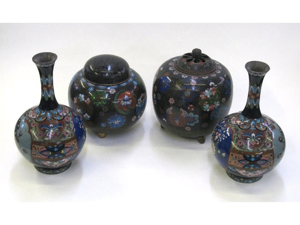 Appraisal: Pair of cloisonne vases cloisonne jar cover and another smaller