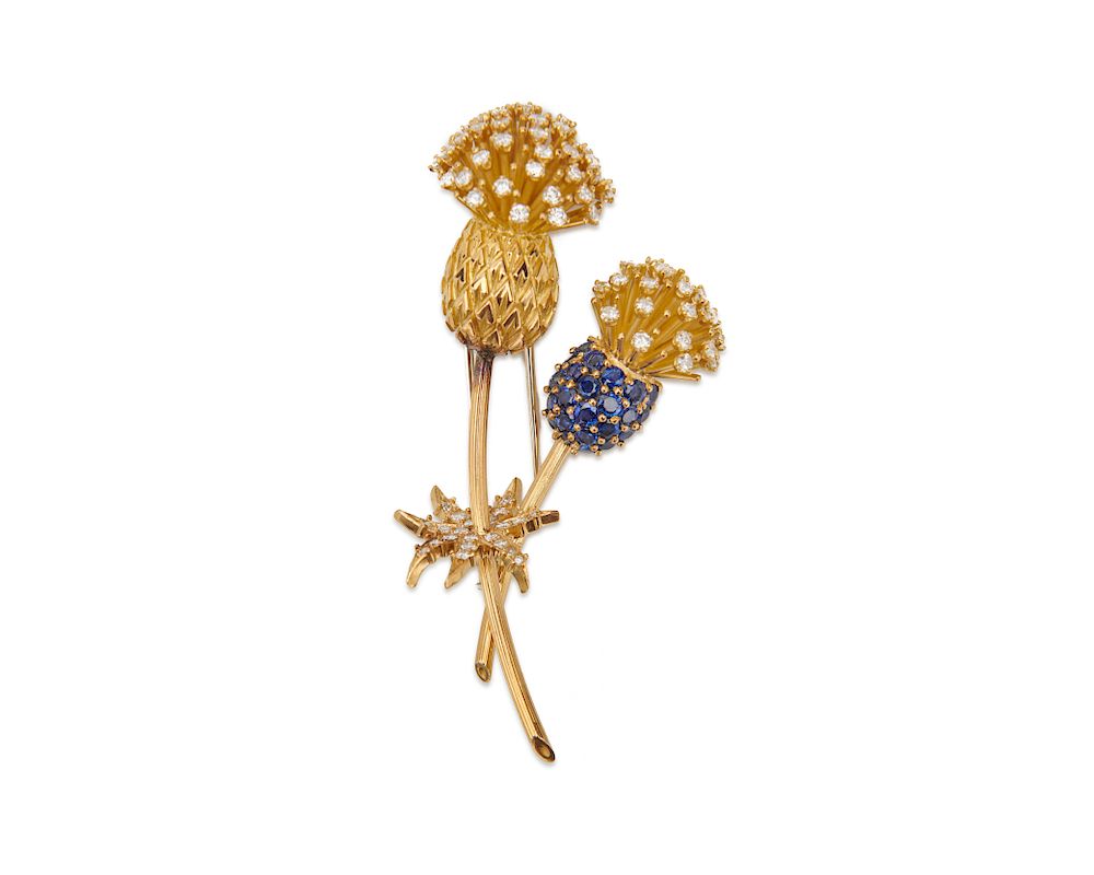 Appraisal: CARTIER K Gold Sapphire and Diamond Thistle Brooch CARTIER K