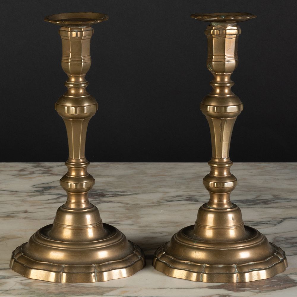 Appraisal: Pair of French Brass Candlesticks With Faceted Nozzles x in