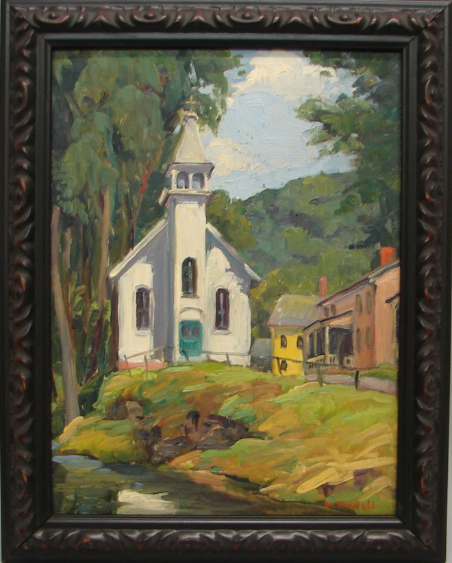 Appraisal: Emily Hortense Budell Village scene with church oil on baord