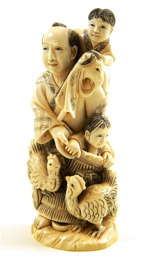 Appraisal: ASIAN Japanese ivory carving of a man with two roosters