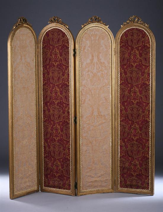 Appraisal: LOUIS XVI STYLE GILT-WOOD FOUR-PANEL FOLDING SCREEN th century with