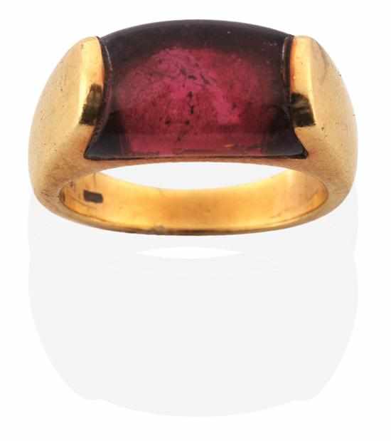 Appraisal: A TOURMALINE RING BY BVLGARI The rectangular shaped tourmaline cut