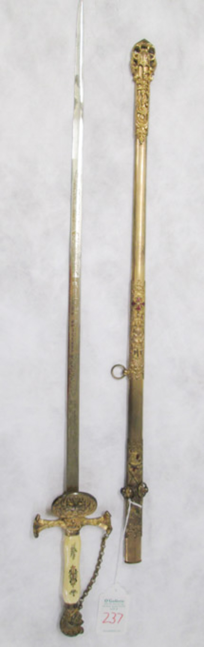 Appraisal: KNIGHTS OF TEMPLAR FRATERNAL LODGE SWORD having inch straight double