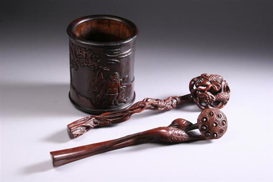 Appraisal: CHINESE BAMBOO BRUSH HOLDER AND TWO WOOD RUYI SCEPTRES -