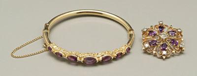 Appraisal: Amethyst pin bracelet round kt yellow gold filigree pin pendant