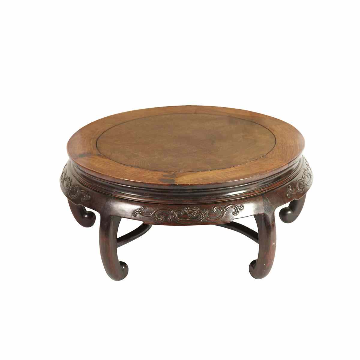 Appraisal: Hardwood and Burlwood Low Round Table A decorated apron beneath