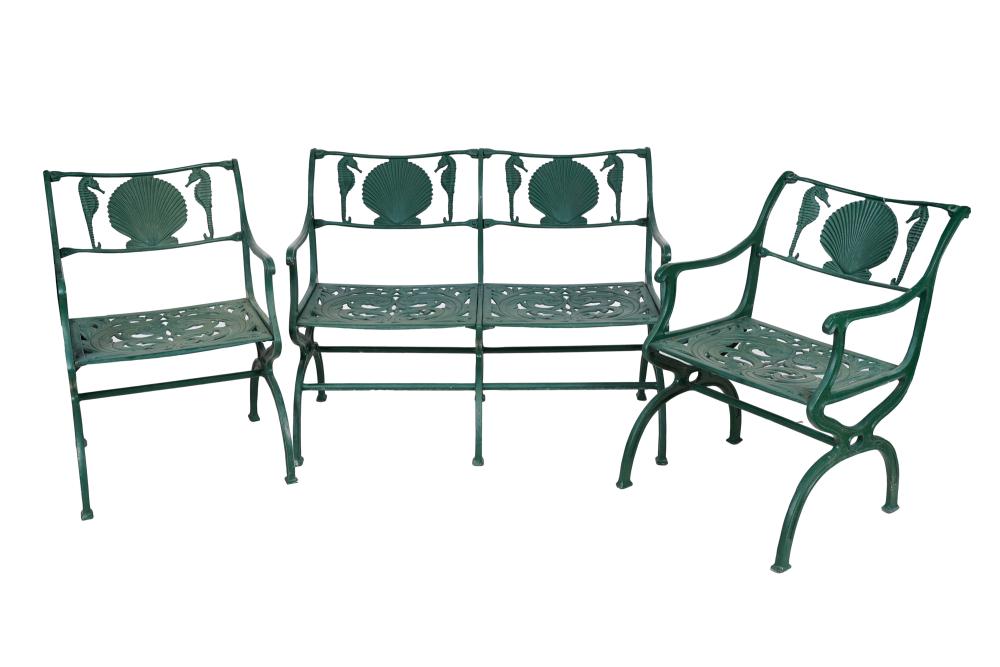 Appraisal: MOLLA GREEN-PAINTED METAL PATIO SUITE s comprising a settee inches