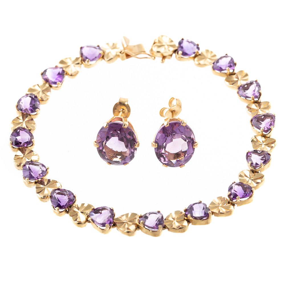 Appraisal: A Bracelet with Amethyst Hearts Earrings K yellow gold bracelet