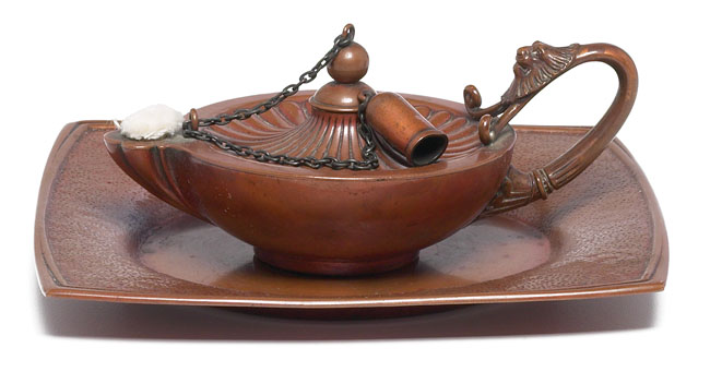 Appraisal: Gorham oil lamp and tray hammered copper original red patina