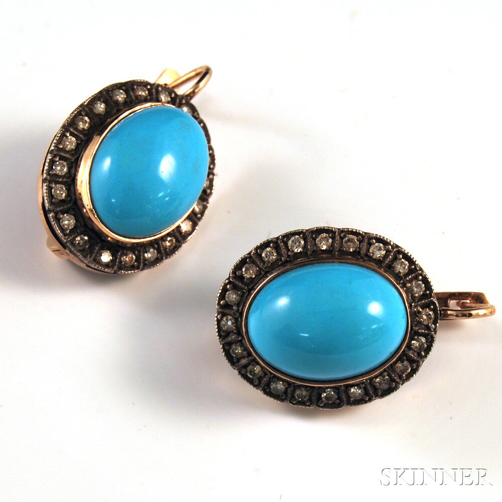 Appraisal: Pair of kt Rose Gold Cabochon Turquoise and Diamond Earrings