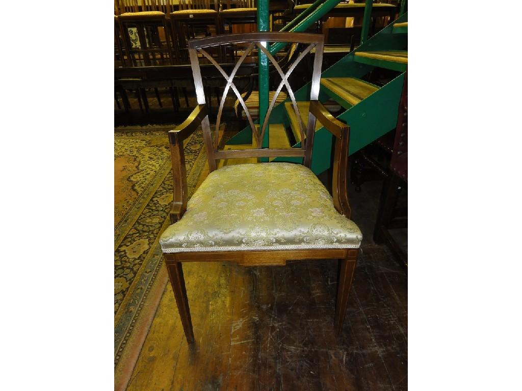 Appraisal: An inlaid Edwardian open elbow chair with interlaced splats box