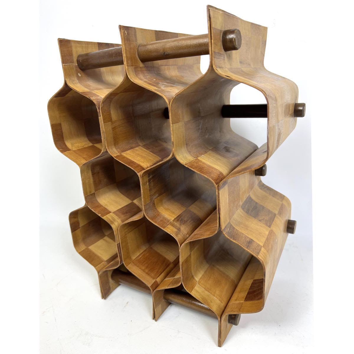 Appraisal: Honeycomb form Laminated Wood Modernist Wine Rack Checkerboard design Dimensions