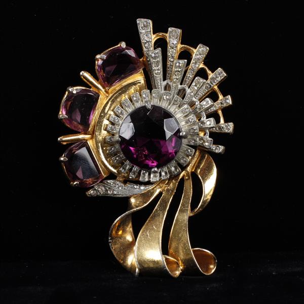 Appraisal: Reinad Gold Tone Scrolling Diamante Floral Brooch Pin with Amethyst