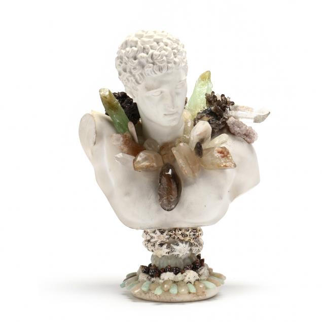 Appraisal: CONTEMPORARY BUST OF HERMES ENCRUSTED WITH CRYSTALS AND SHELLS Plaster