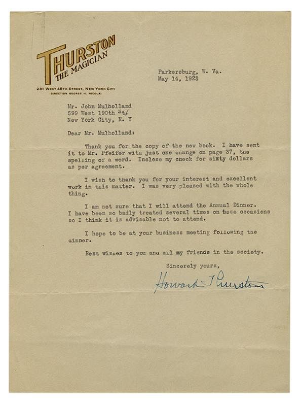 Appraisal: Typed Letter Signed to John Mulholland Thurston Howard Typed Letter