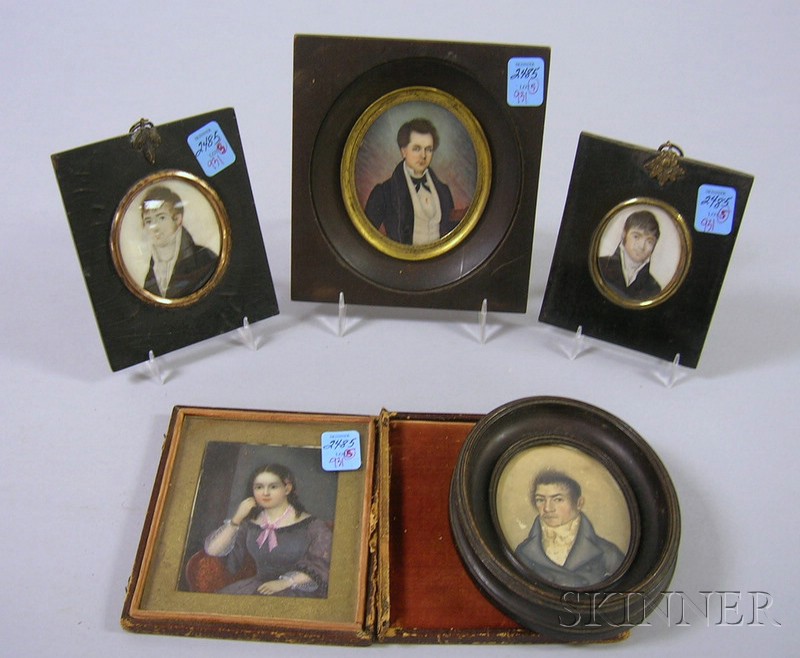 Appraisal: Five Framed Portrait Miniatures early to mid- th century four