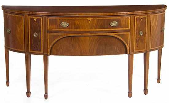 Appraisal: Hepplewhite style inlaid mahogany demilune sideboard string-inlaid top above conforming