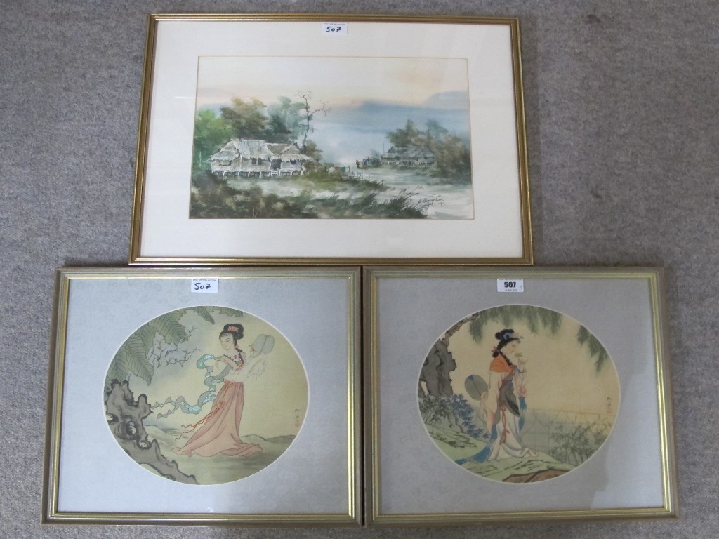 Appraisal: Pair of Oriental watercolours on silk plus an Eastern watercolour