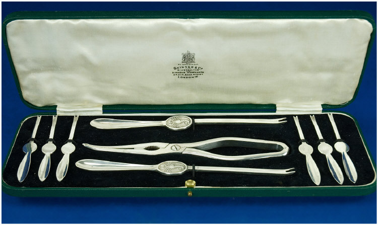 Appraisal: A Cased Set Of Silver Plated Lobster Servers Comprising Six