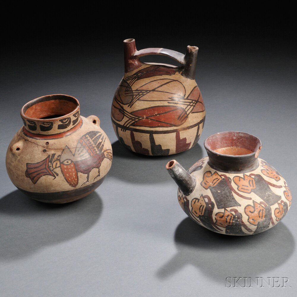 Appraisal: Three Nasca Polychrome Pottery Vessels a stirrup spout form with