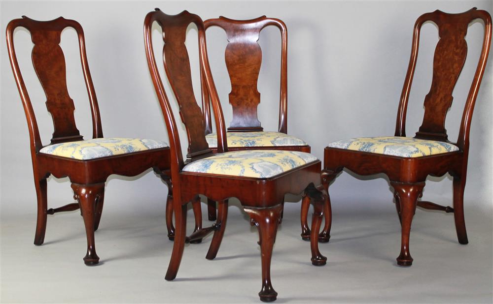 Appraisal: SET OF FOUR BURLED WALNUT QUEEN ANNE STYLE SIDE CHAIRS