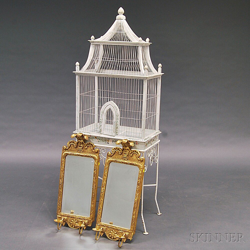 Appraisal: White-painted Birdcage on Stand and a Pair of Gilt Queen