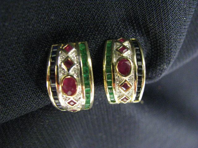 Appraisal: Gemstone Diamond Earrings ruby emerald sapphire diamonds in k yellow