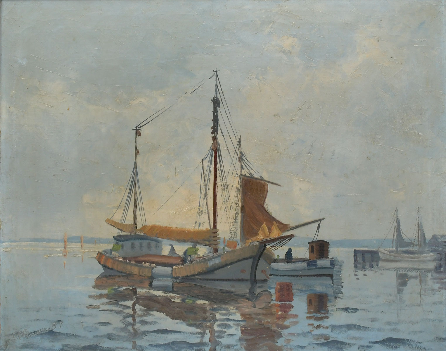 Appraisal: ILLEGIBLY SIGNED HARBOR SCENE PAINTING Possibly Dutch Oil Canvas ''