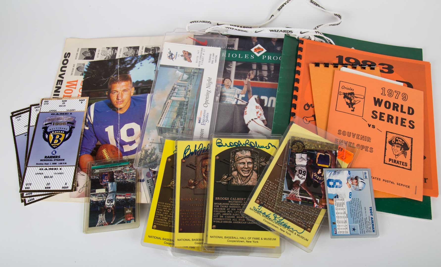 Appraisal: Assortment of sports items including Ravens tickets Orioles souvenirs sports