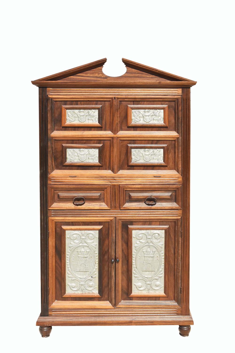 Appraisal: CONTINENTAL BAROQUE STYLE VARIOUS WOOD DRINKS CABINETThe triangular pediment above