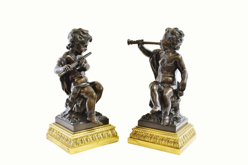 Appraisal: PAIR OF FRENCH PATINATED BRONZE MUSICAL CHERUBSEach figure with an