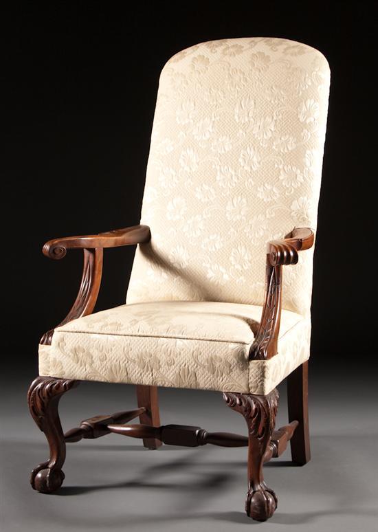 Appraisal: Chippendale style mahogany upholstered armchair late th century with ball