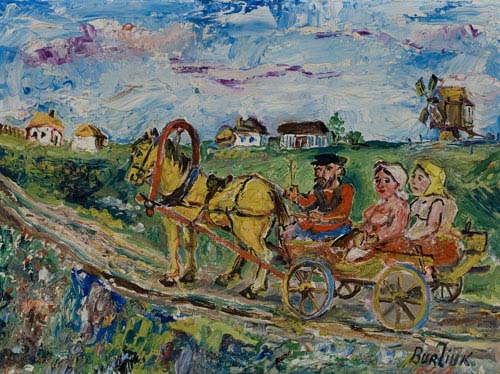 Appraisal: DAVID BURLIUK Peasants Riding a Horse Cart Oil on canvas