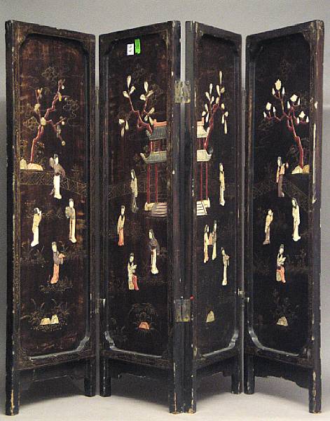 Appraisal: A small four-panel wood screen with overlay decoration Portraying figures