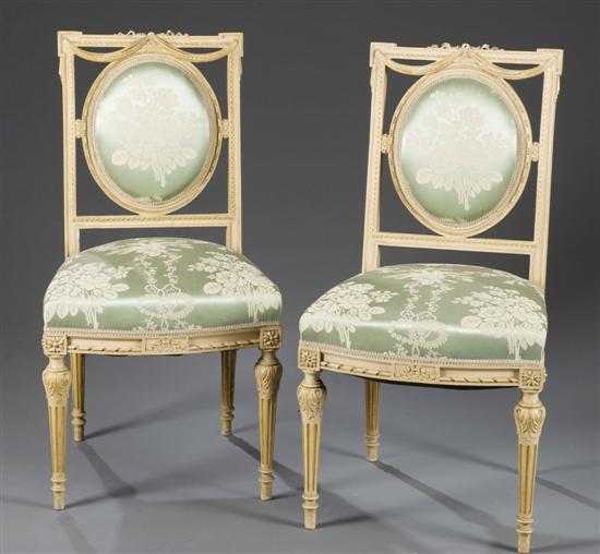 Appraisal: Pair of Louis XVI Style White Painted Side Chairs Late