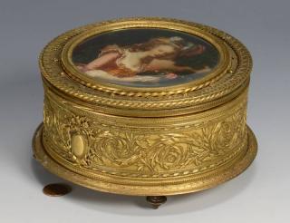 Appraisal: Signed Bronze Portrait Box French bronze portrait box round the