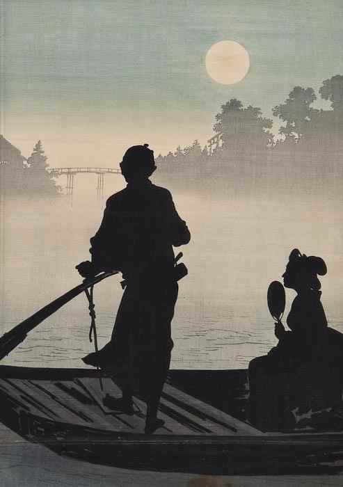 Appraisal: Japanese School A couple silhouetted on a boat on a