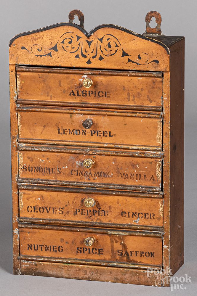 Appraisal: Painted tin spice cabinet late th c Painted tin spice