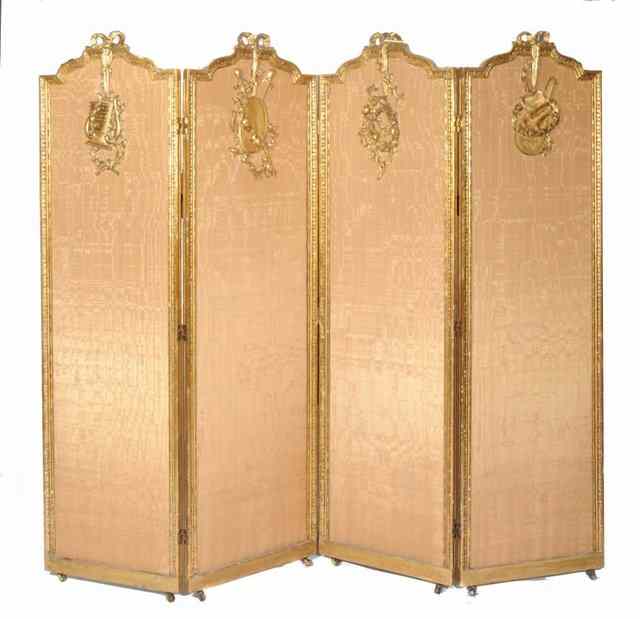 Appraisal: A FRENCH FOUR FOLD GILT SCREEN with silk panels and