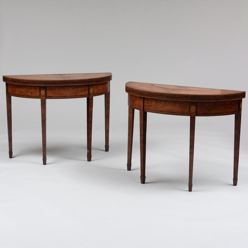 Appraisal: Fine Pair of George III Inlaid Satinwood D-Shape Card Tables