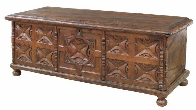 Appraisal: Continental carved oak coffer storage chest th th c displaying