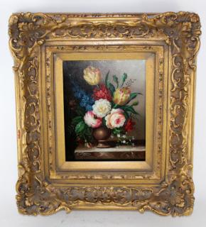 Appraisal: Floral still life on canvas in carved gilt wood frame