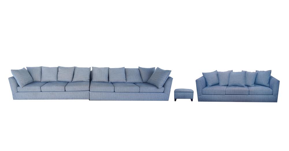 Appraisal: BLUE-UPHOLSTERED SECTIONAL SOFA GROUPcomprising two one-armed sofas one with right-hand