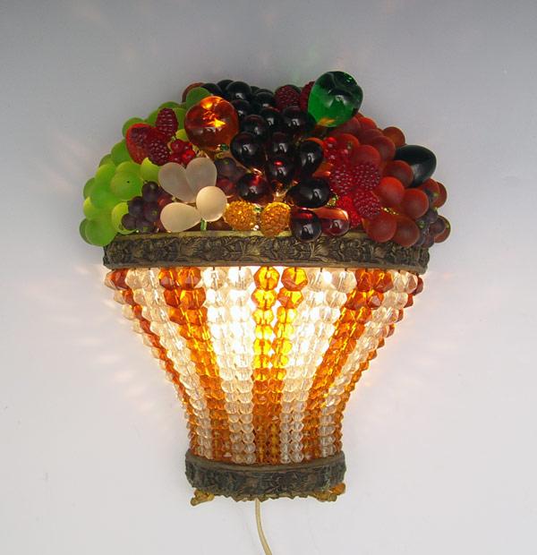 Appraisal: SIGNED CZECH GLASS FRUIT BASKET SCONCE WALL LAMP Faceted glass