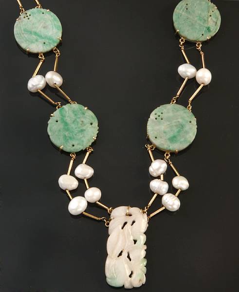 Appraisal: A pierced jade freshwater pearl and gold necklace length in