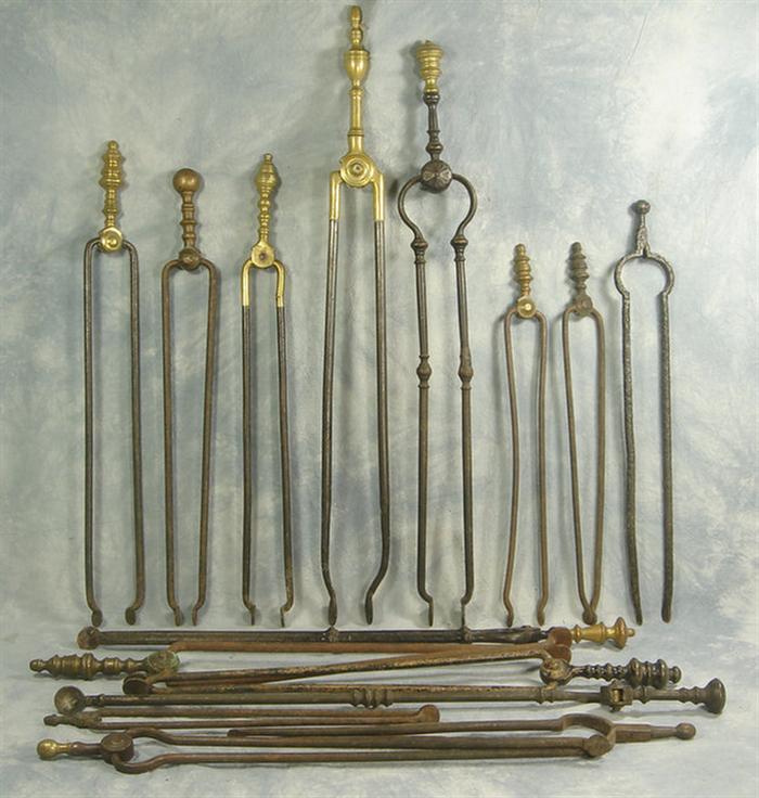 Appraisal: brass wrought iron fire tongs with fire pokers Estimate -