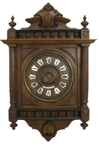 Appraisal: WALNUT CASE BALCONY WALL CLOCK French th century the carved